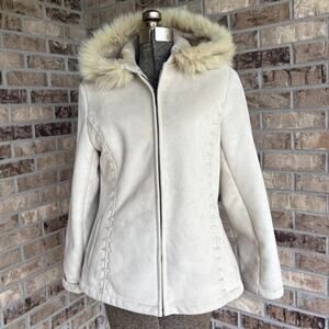 Liz Claiborne MED Camel Faux Suede Jacket Genuine Fur Hood Winter Coat Y2K Boho